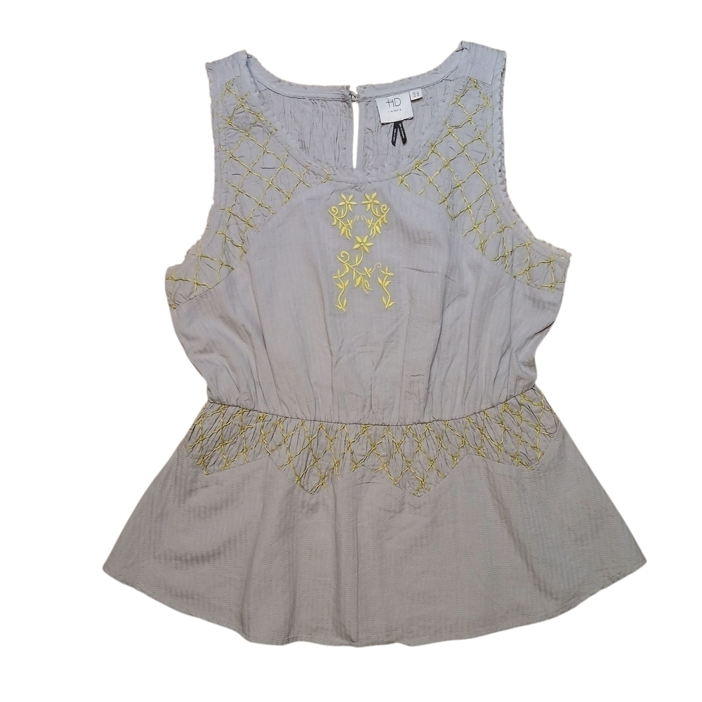Anthropologie Gray Yellow Embroidered Peplum Tank Top Sleeveless Boho Sz 8